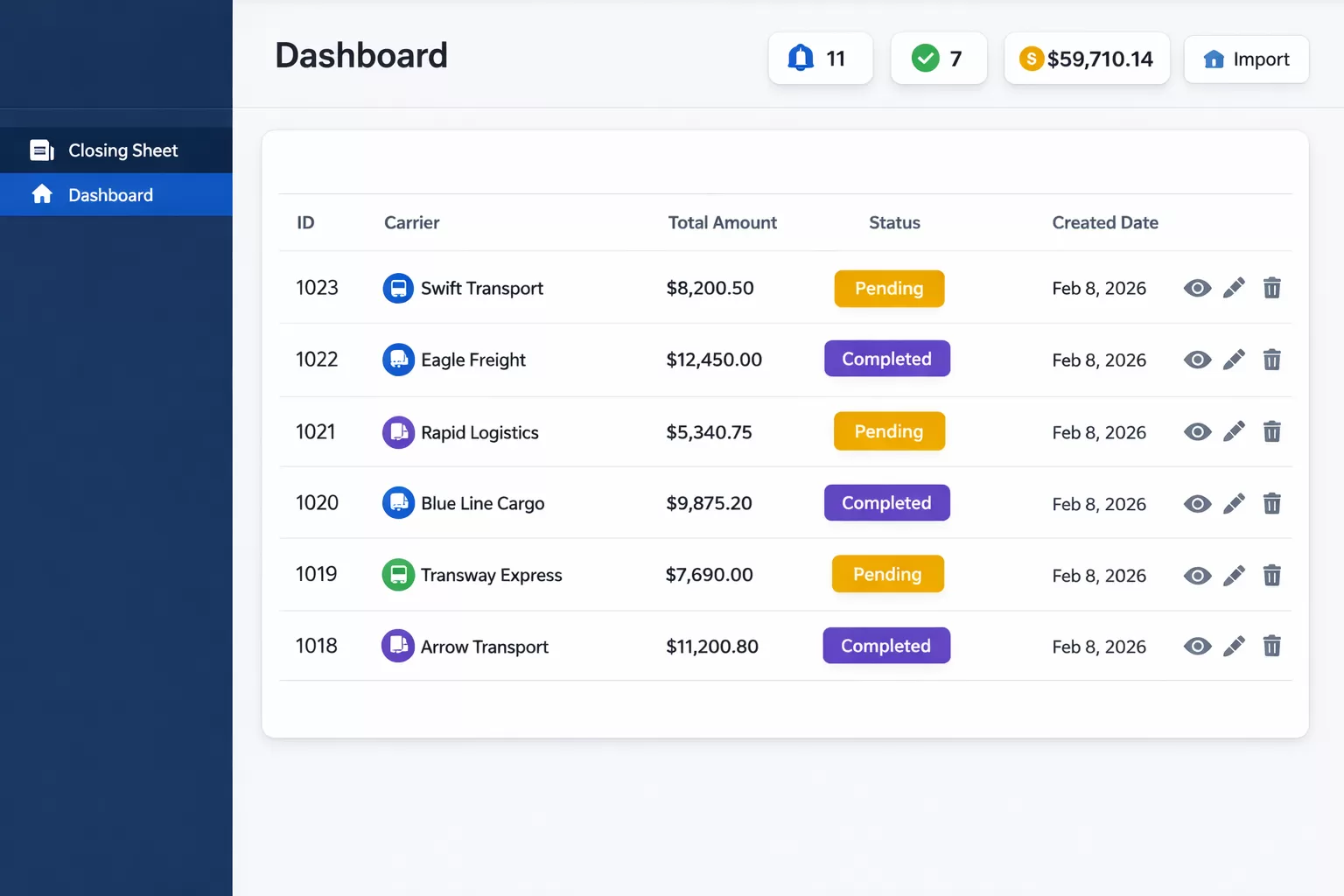 Mover Docx Closing Sheet Dashboard Interface Screenshot